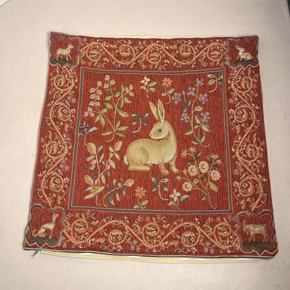 Medieval Rabbit Tapestry Pillow Cover Jacquard Woven France Gobelus 18.5x19.5